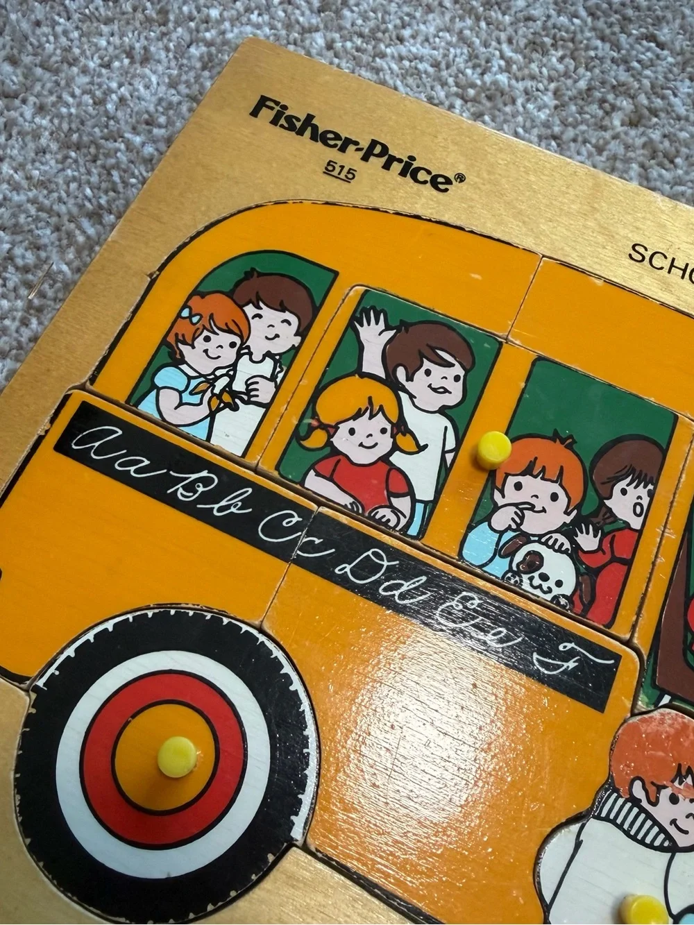 Vintage Fisher-Price #515 School Bus Wooden Puzzle 13 Pc Complete 1970s